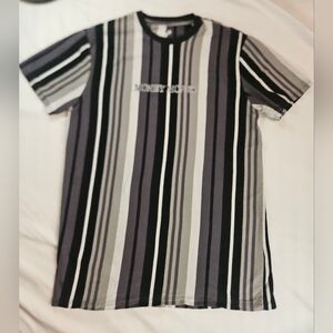 Upstanders Mens Black Gray And White Striped Short Sleeve Shirt Size Small